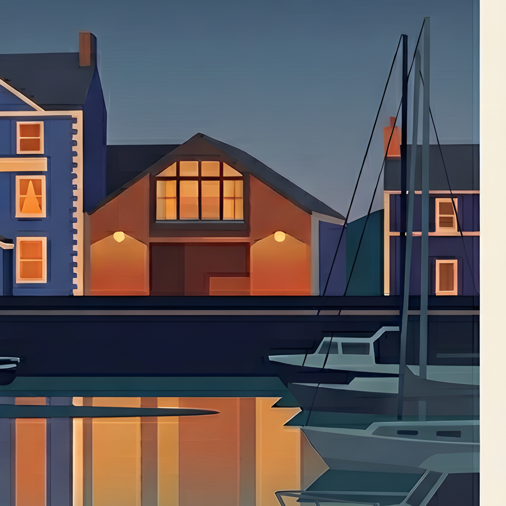 Aberaeron Harbour poster detail showing harbour reflections and waterfront architecture