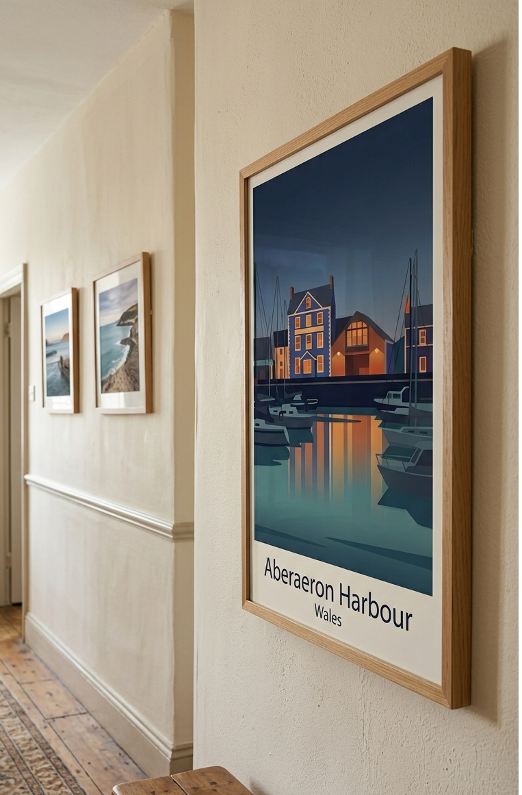 Framed Aberaeron Harbour wall art displayed in interior setting