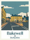 Minimalist travel poster of Bakewell, Derbyshire featuring the Rutland Arms Hotel and historic market place.
