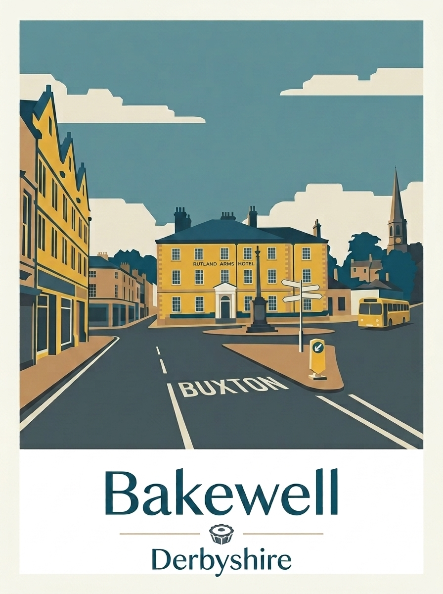 Minimalist travel poster of Bakewell, Derbyshire featuring the Rutland Arms Hotel and historic market place.