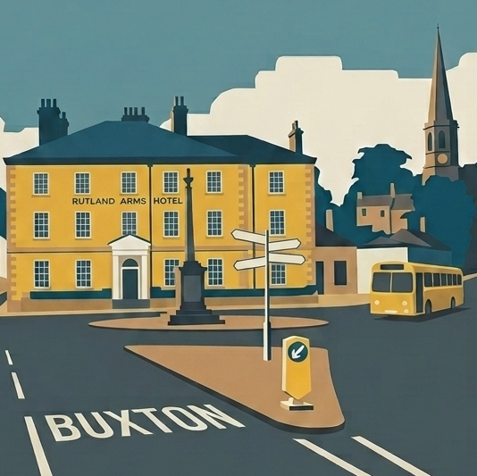 Close-up detail showing the architectural styling and colour palette of the Bakewell travel poster.