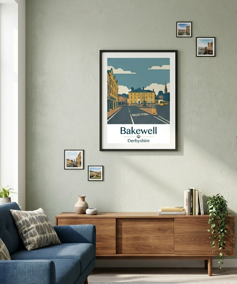 Framed Bakewell Derbyshire travel poster displayed in a contemporary interior.