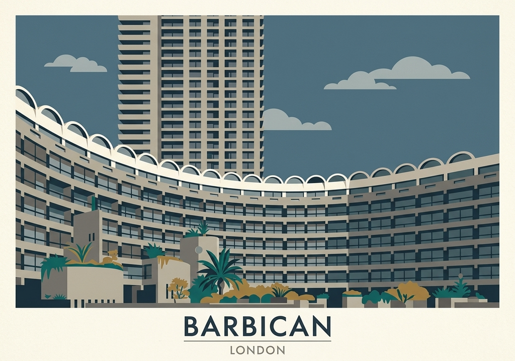 Barbican Estate London Brutalist architecture poster in flat graphic design style