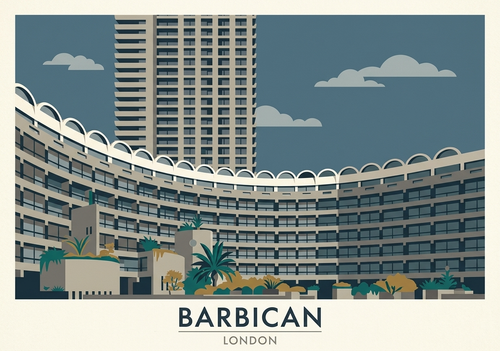 Barbican Estate London Brutalist architecture poster in flat graphic design style