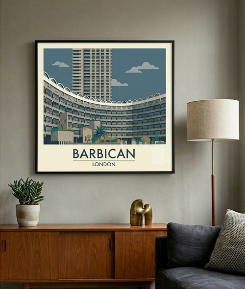 Framed Barbican Estate London poster displayed in contemporary interior
