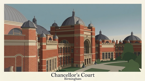 Chancellor's Court Birmingham poster featuring the University of Birmingham's iconic domed red-brick architecture in a minimalist graphic style

Detail Crop