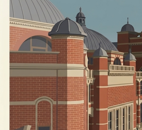 Close-up detail of Chancellor's Court Birmingham poster showing architectural brickwork, domes and decorative university building features