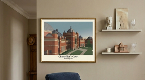 Framed Chancellor's Court Birmingham poster displayed on a living room wall in a contemporary interior setting
