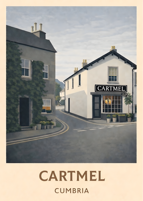 Cartmel poster featuring a village corner scene in Cartmel, Cumbria, designed in Warwickshire Poster Company's calm flat-graphic style.