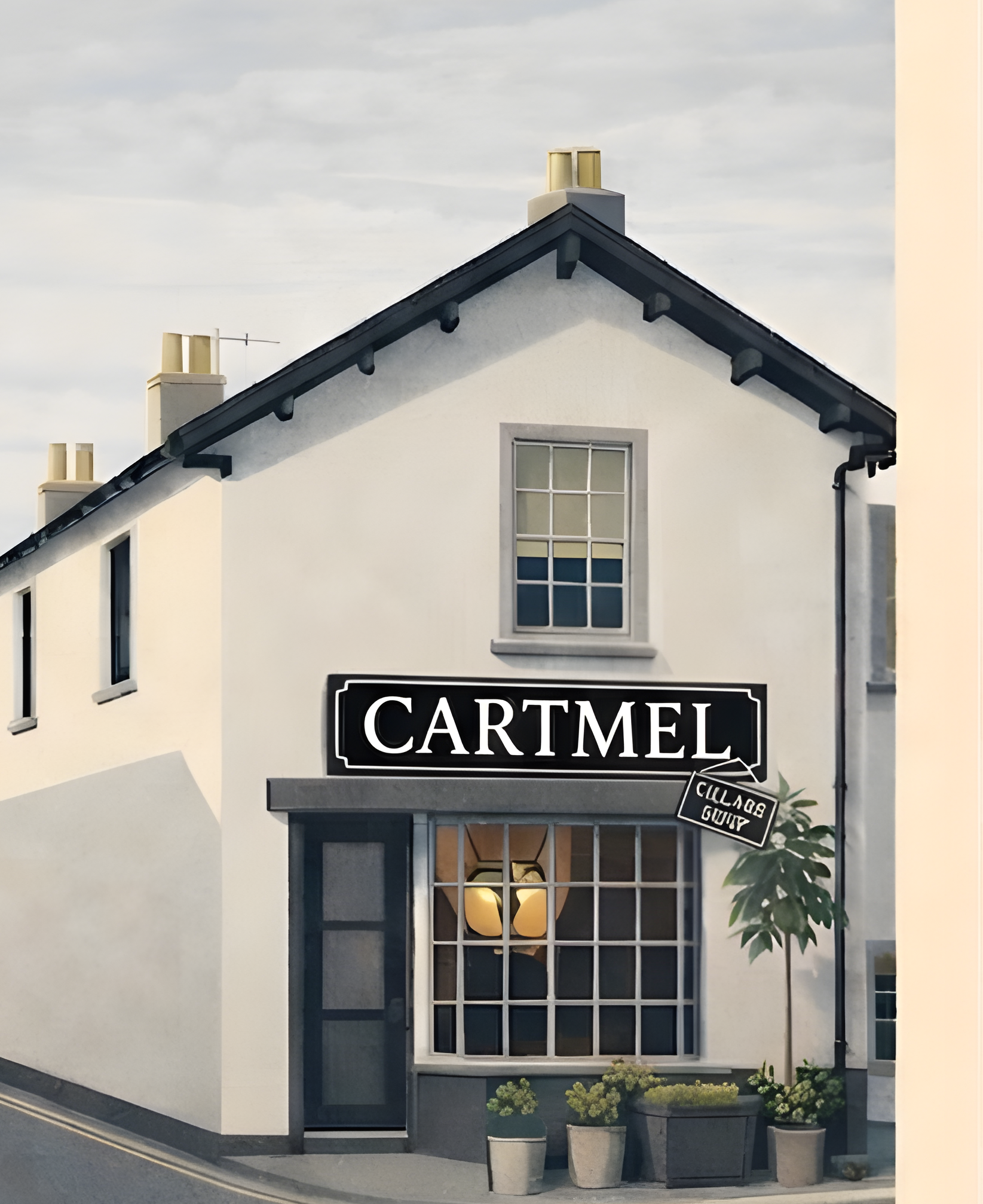 Detail crop of the Cartmel poster showing the village shopfront, architectural details and typography.