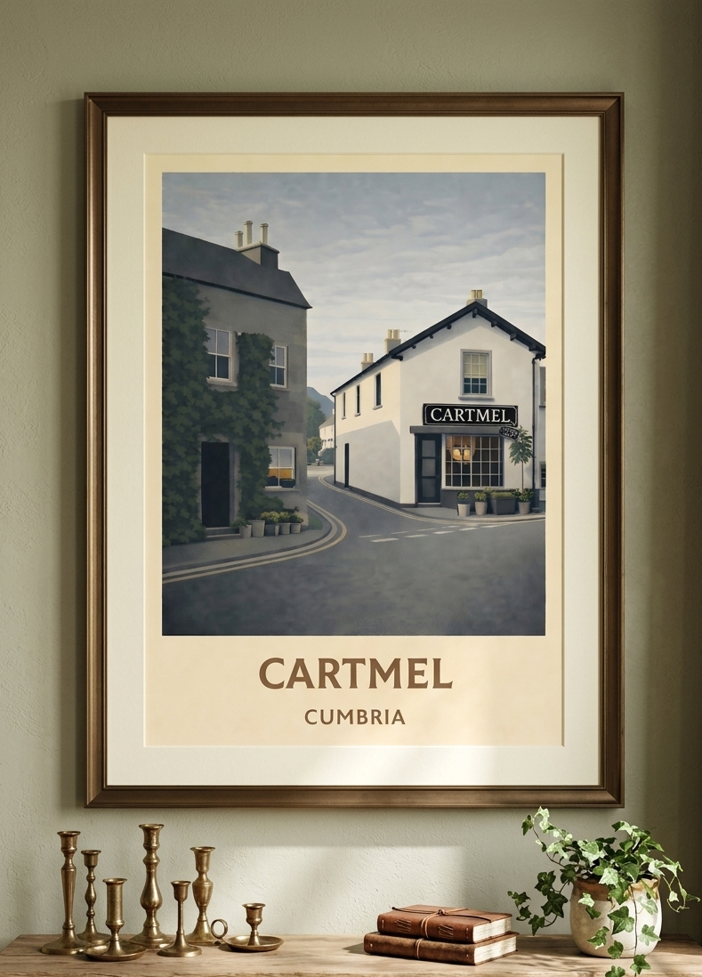Framed Cartmel poster displayed in a traditional interior setting, showing contemporary wall art inspired by Cartmel, Cumbria.