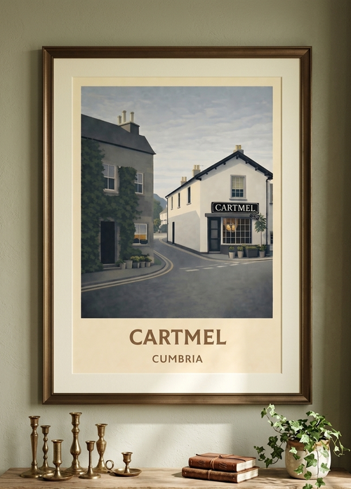 Framed Cartmel poster displayed in a traditional interior setting, showing contemporary wall art inspired by Cartmel, Cumbria.