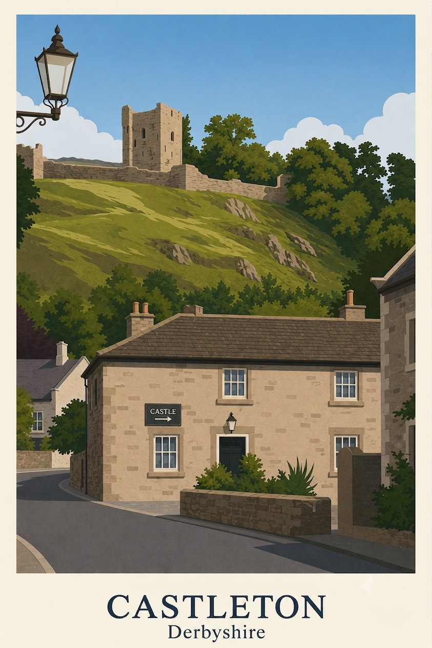 Minimalist travel poster of Castleton, Derbyshire featuring Peveril Castle overlooking the village.