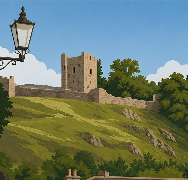 Close-up of Peveril Castle and hillside from the Castleton minimalist travel poster.