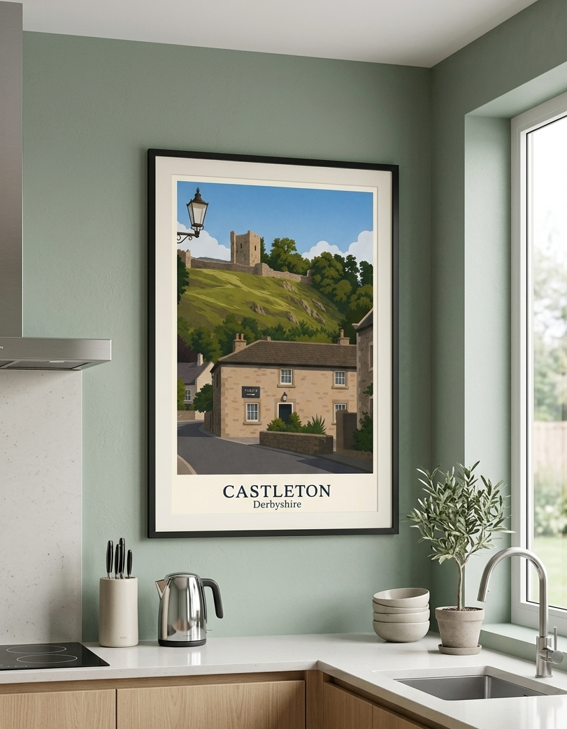 Framed Castleton travel poster displayed in a contemporary kitchen interior.