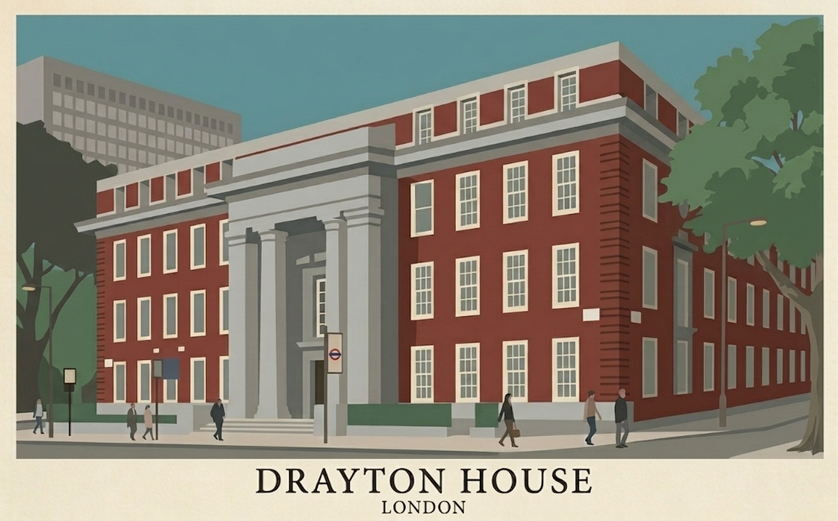 Drayton House poster featuring the UCL building in London illustrated in a modern flat-graphic architectural style.