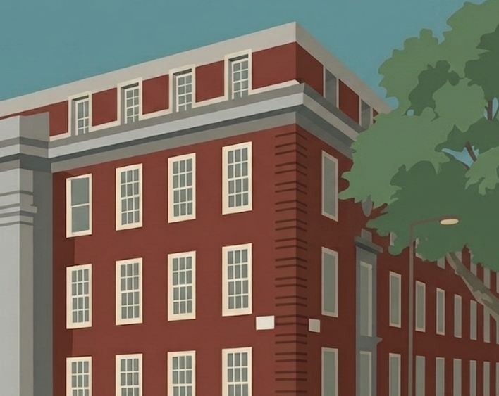 Close-up detail of the Drayton House poster showing architectural lines, windows and red-brick façade.