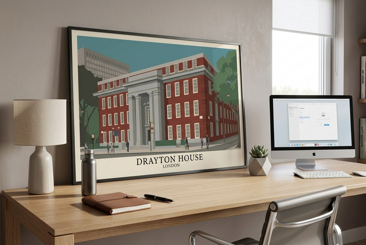 Framed Drayton House poster displayed in a contemporary office and study setting.