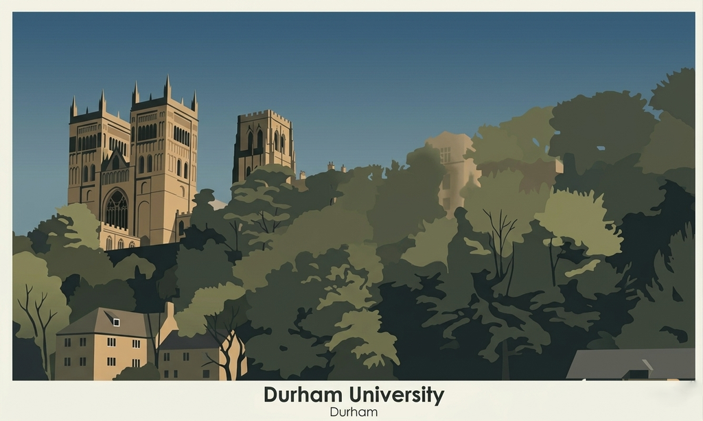 Durham University poster featuring Durham Cathedral in a contemporary flat graphic style with simplified architectural forms and muted colours.