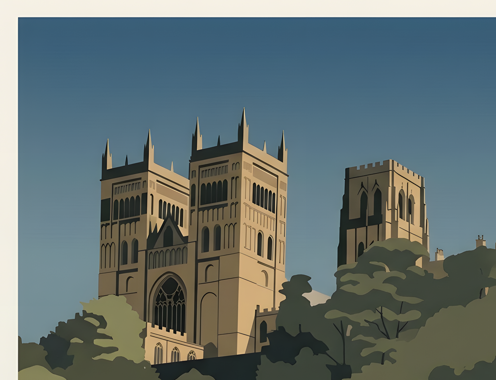 Close-up detail of Durham University poster highlighting the architectural forms of Durham Cathedral and the flat graphic design style.