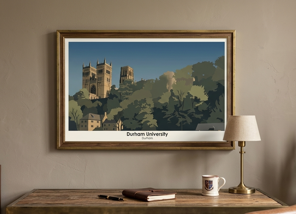 Framed Durham University poster displayed in a study interior, showcasing Durham Cathedral as contemporary university architecture wall art.
