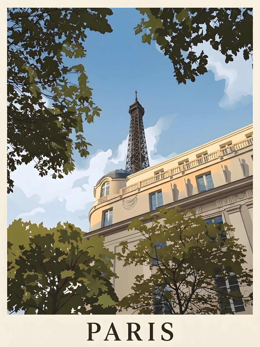 Eiffel Tower Paris travel poster showing the landmark rising above Parisian architecture and leafy trees