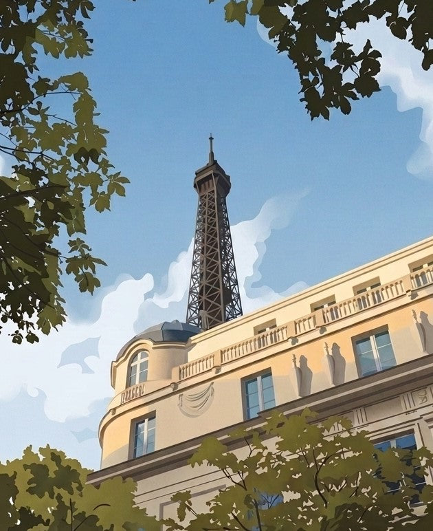 Illustrated detail of the Eiffel Tower glimpsed above Paris architecture through leafy green trees