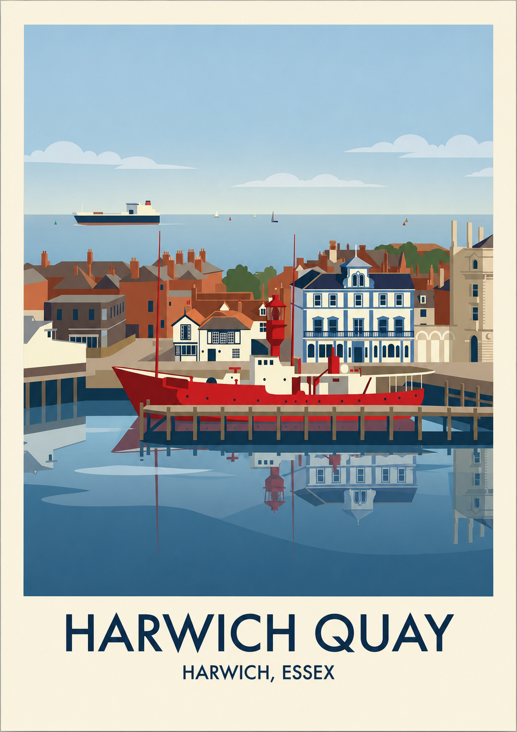 Harwich Quay poster showing the historic Essex waterfront with a red lightship, harbour buildings and reflections in calm water.