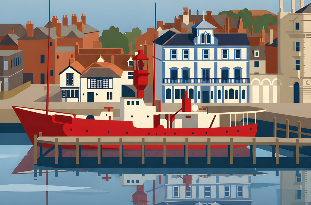 Detail of the Harwich Quay poster showing the red lightship, harbour buildings and waterfront architecture.