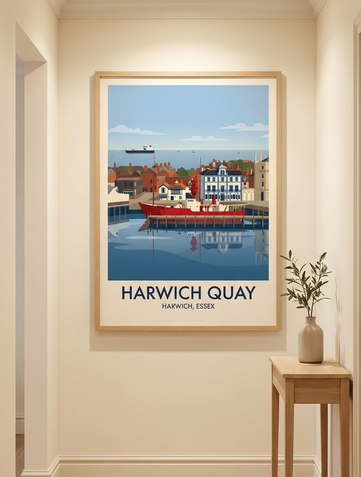 Framed Harwich Quay poster displayed on an interior wall, featuring the historic Essex harbour and red lightship.