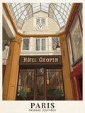 Paris Passage Jouffroy travel poster featuring the historic Hôtel Chopin entrance beneath the glass-roofed Paris arcade