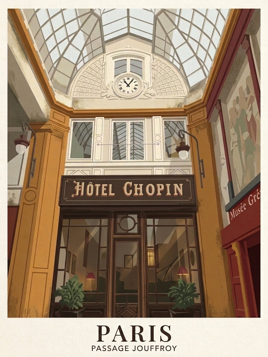 Paris Passage Jouffroy travel poster featuring the historic Hôtel Chopin entrance beneath the glass-roofed Paris arcade