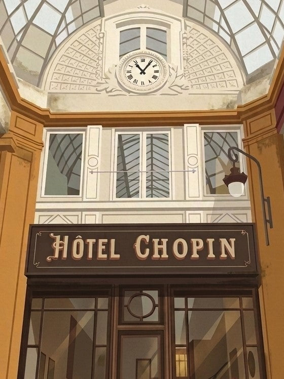 Illustrated detail of Hôtel Chopin entrance, clock and glass roof in Passage Jouffroy Paris