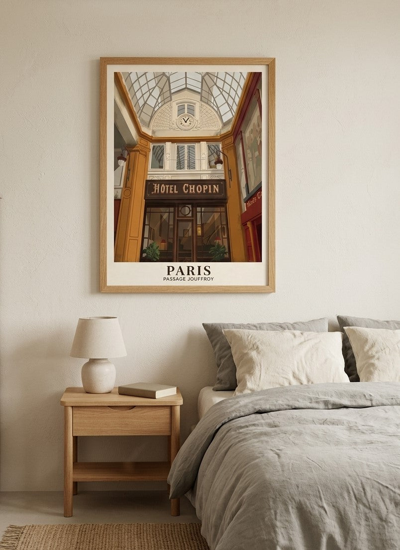 Paris Passage Jouffroy travel poster framed in a neutral bedroom interior