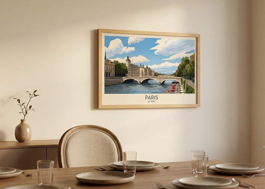 Framed La Seine Paris travel poster displayed in a warm neutral dining room interior