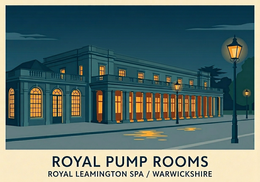 Royal Pump Rooms poster showing Royal Leamington Spa's iconic Regency building in a contemporary flat-graphic style.
