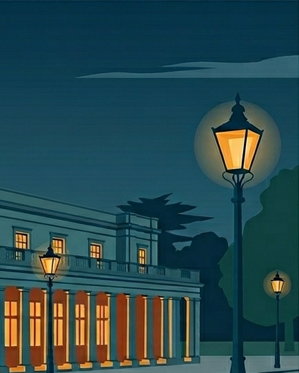 Detail view of the Royal Pump Rooms poster highlighting the illuminated colonnade and architectural features of the Leamington landmark.