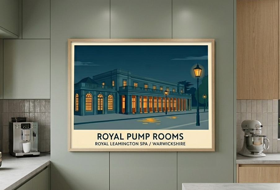 Framed Royal Pump Rooms poster displayed in a modern kitchen, featuring Royal Leamington Spa's historic Regency architecture.