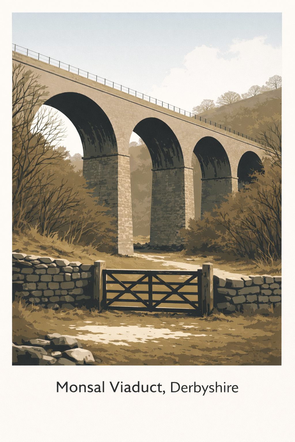 Minimalist travel poster of Monsal Viaduct in Derbyshire spanning the wooded valley along the Monsal Trail.