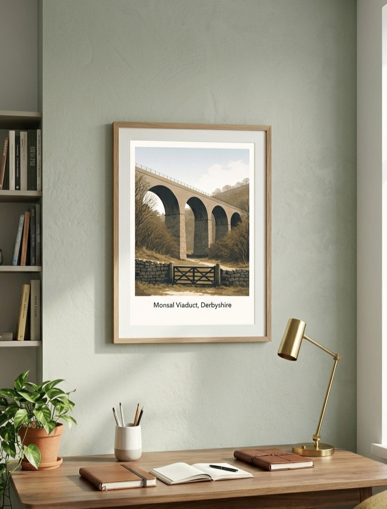 Framed Monsal Viaduct travel poster displayed in a contemporary home interior.