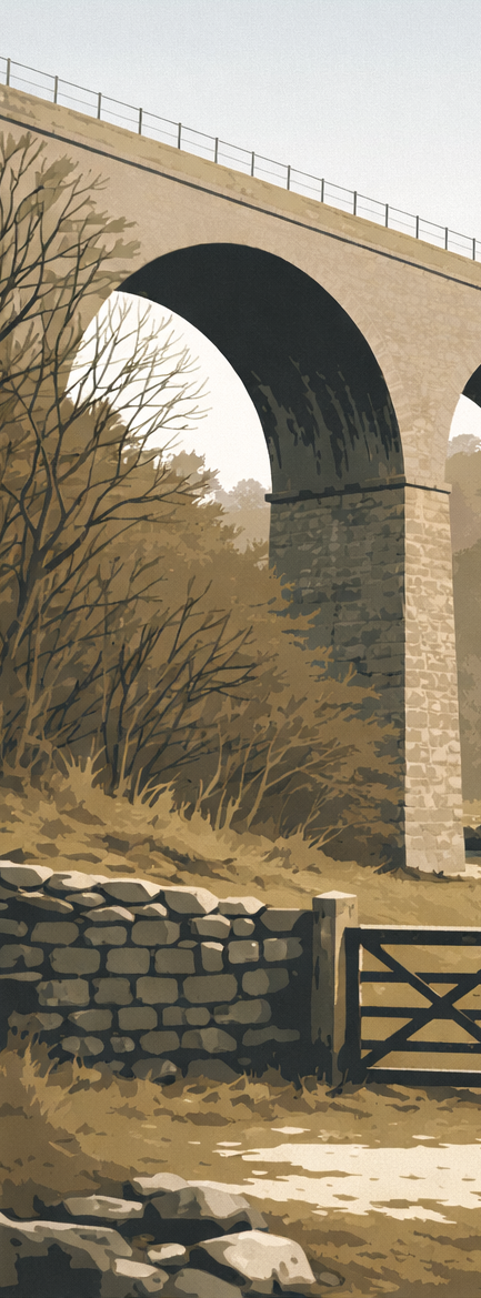 Close-up showing the stone arches and minimalist illustration style of the Monsal Viaduct poster.