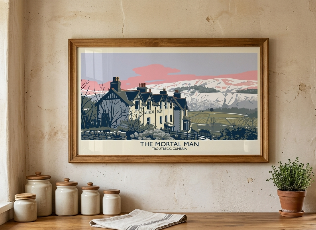 Framed Mortal Man poster displayed on a rustic interior wall featuring the historic Lake District inn at Troutbeck.