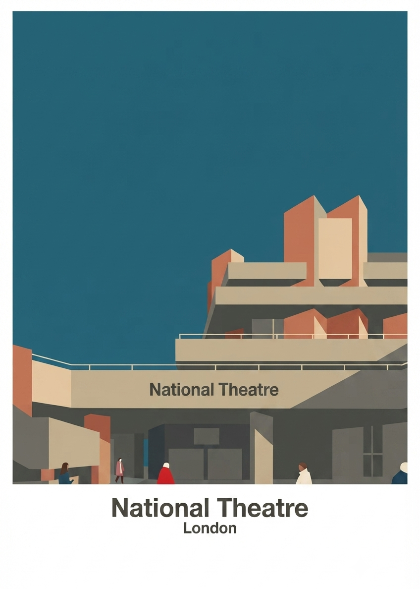 National Theatre poster in a minimalist flat graphic style featuring London's iconic Brutalist architecture.