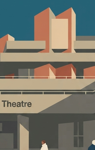 Close-up detail of the National Theatre poster highlighting the layered Brutalist forms and flat graphic design.