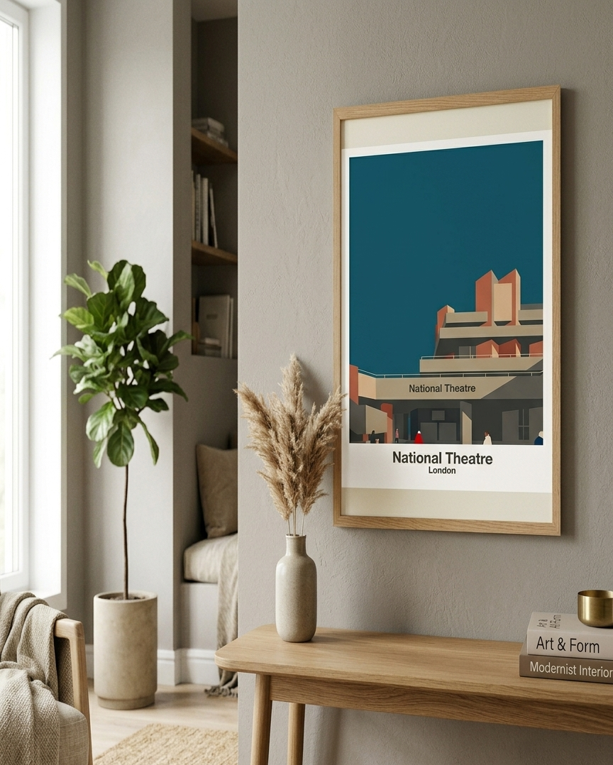 Framed National Theatre architectural poster displayed in a contemporary interior.