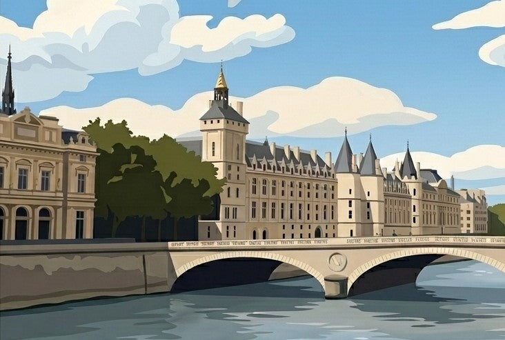 Illustrated view across the River Seine towards Pont au Change and the Conciergerie in Paris.