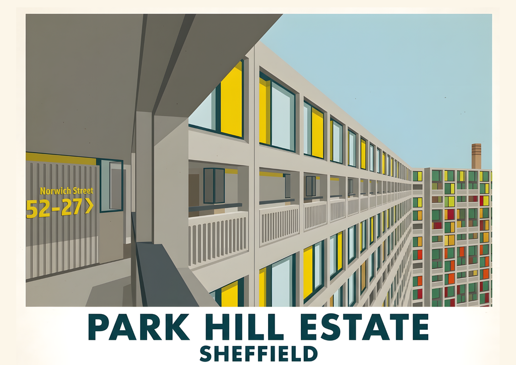 Park Hill Sheffield Brutalist architecture poster in flat graphic design style