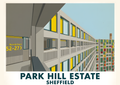 Park Hill Sheffield Brutalist architecture poster in flat graphic design style