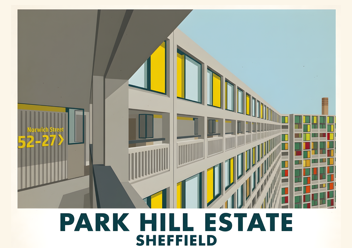 Park Hill Sheffield Brutalist architecture poster in flat graphic design style