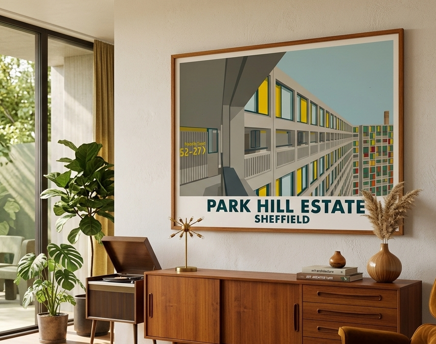 Framed Park Hill Sheffield poster displayed in contemporary interior
